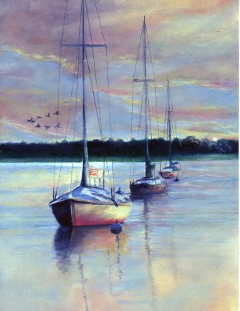 Painting "Holiday Harbour Calmness in Oil" by painter Steven Peachey oil paper at Jose Art Gallery