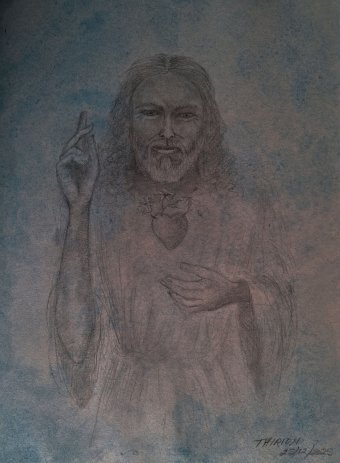 Painting "God's blessing" by painter Alberto Thirion watercolor paper at Jose Art Gallery