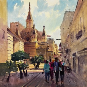 Peinture "Une promenade à travers la ville", peintre Andrii Kovalyk aquarelle papier à la Jose Art Gallery