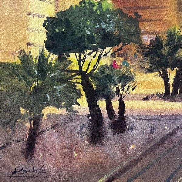 Additional view 5: Impressionism Cityscapes Painting A Walk Through the Town by painter Andrii Kovalyk watercolor paper 