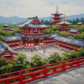 Peinture "Temple Daigo Ji à Kyoto", peintre Selena Sashina huile toile à la Jose Art Gallery