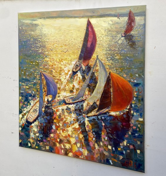 Additional view 1: Impressionism Landscape Painting Sailboats at dawn by painter Yevgeny Chernyakovsky oil canvas 