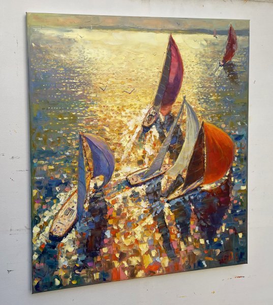 Additional view 2: Impressionism Landscape Painting Sailboats at dawn by painter Yevgeny Chernyakovsky oil canvas 