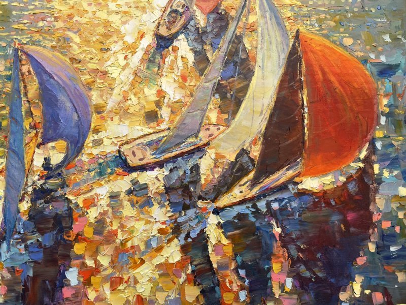 Additional view 3: Impressionism Landscape Painting Sailboats at dawn by painter Yevgeny Chernyakovsky oil canvas 