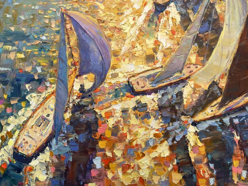 Additional view 4: Impressionism Landscape Painting Sailboats at dawn by painter Yevgeny Chernyakovsky oil canvas 