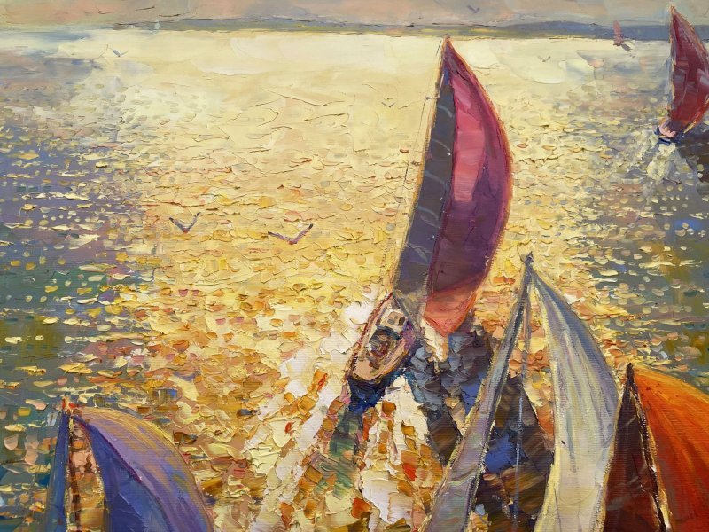 Additional view 5: Impressionism Landscape Painting Sailboats at dawn by painter Yevgeny Chernyakovsky oil canvas 