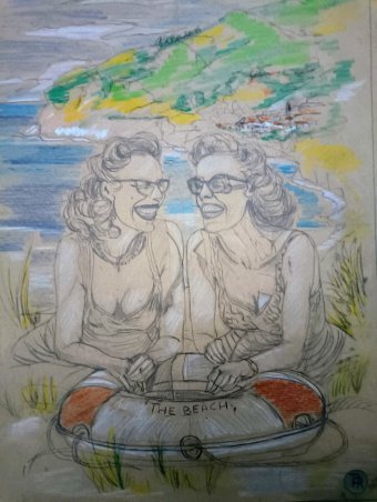 Drawing "Meetings and Memories on the Beach" by illustrator roberto ferrando pencil paper at Jose Art Gallery