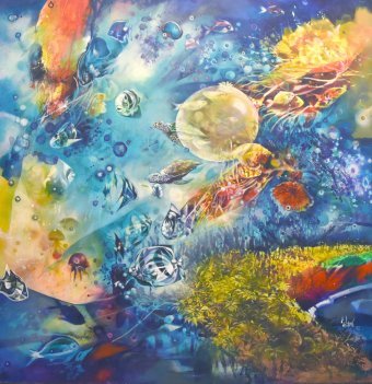 Peinture "Un monde marin utopique et écologique", peintre Jorge Calero acrylique toile à la Jose Art Gallery
