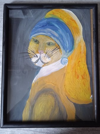 Painting "The Cat with a Pearl Earring: An Echo of Van Eyck" by painter Nataliya Bondarenko gouache paper at Jose Art Gallery
