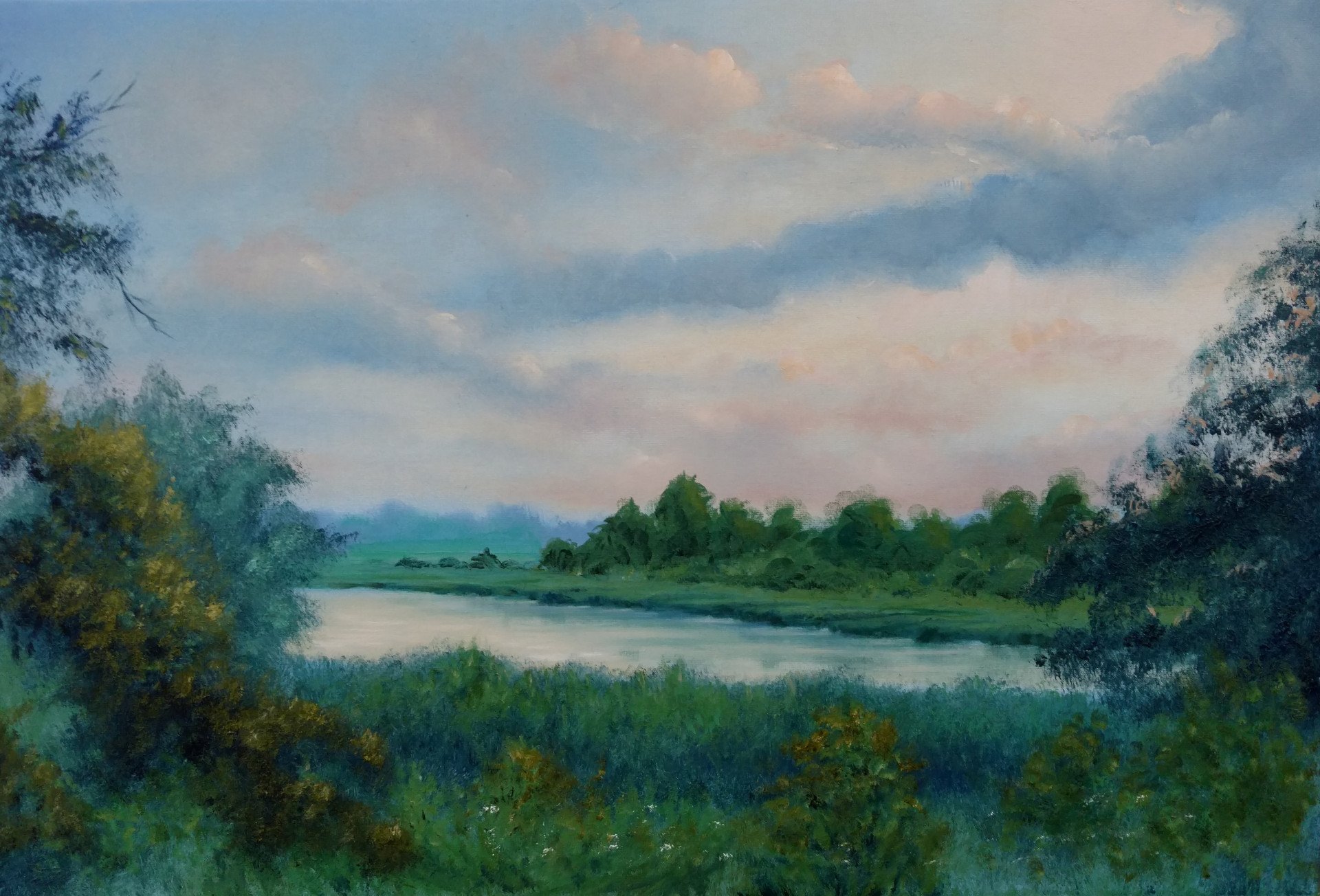 Evening on Unava river Painting by Andrii Ulanov