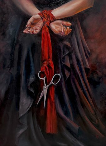 Painting "Bound Hands with Scissors: Freedom Deferred" by painter Julia Shilo oil canvas at Jose Art Gallery