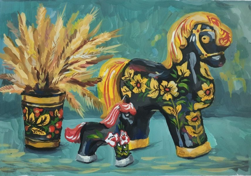 Additional view 1: Fine Art Still-Life Painting Symbols of Prosperity in Motion by painter Ulyana Vasilenko gouache paper 