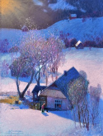 Drawing "A Winter Day in the Carpathian" by illustrator Andrii Kovalyk pastel paper at Jose Art Gallery