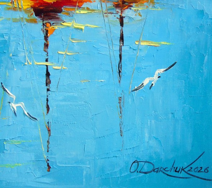 Additional view 3: Impressionism Landscape Painting A Quiet Harbor by the Lighthou by painter Olha Darchuk oil canvas 