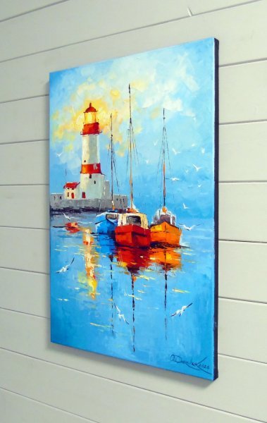 Additional view 4: Impressionism Landscape Painting A Quiet Harbor by the Lighthou by painter Olha Darchuk oil canvas 