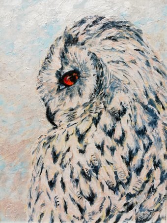 Pintura "Búho nival - Enmarcado", pintor Iryna Fedarava óleo madera en Jose Art Gallery