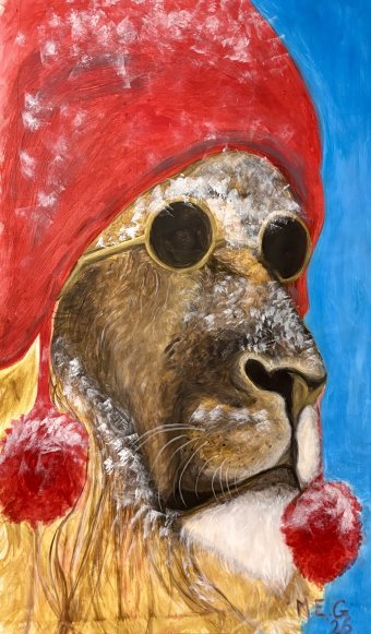 Painting "Lion the Snow Cat: Winter Majesty Abstracted" by painter M.E.G acrylic fabric at Jose Art Gallery