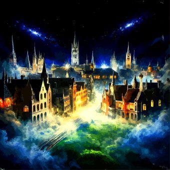 Arte digital "Arte de paisaje urbano nocturno de fantasía luminosa", artista digital Viktor Levchenko en Jose Art Gallery