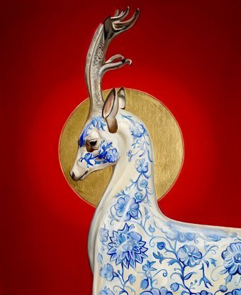 Peinture "Solaris : La biche et le pouvoir du soleil", peintre Viktoryia Lautsevich huile toile à la Jose Art Gallery