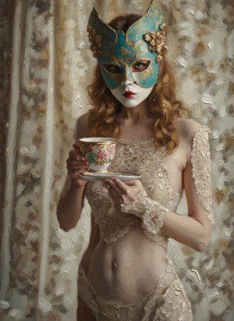 Painting "Tea after Carnival" by painter Selena Sashina oil canvas at Jose Art Gallery