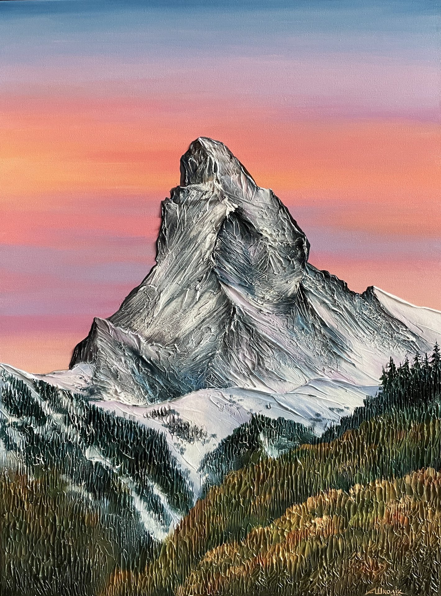 Matterhorn Alpine Sunset Textured Art Painting by Anna Shkolik