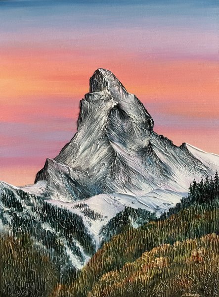 Matterhorn Alpine Sunset Textured Art Painting by Anna Shkolik
