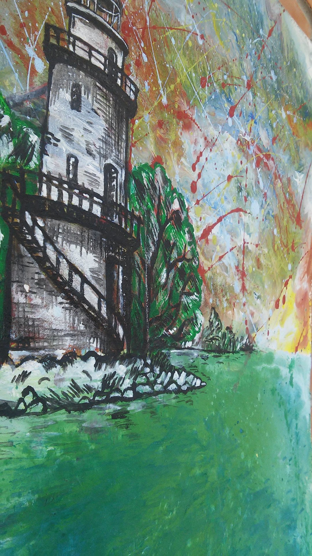 Lighthouse in space, river - painting