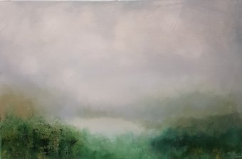 Painting "Forest in Mists and Deep Greens" by painter Mercedes Gordo oil canvas at Jose Art Gallery