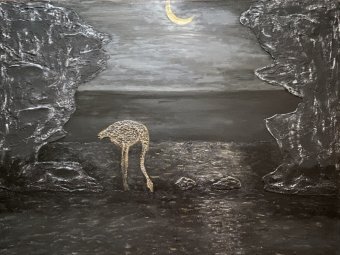 Painting "Night flamingo" by painter Yuliya Suhonosova mixed method wood at Jose Art Gallery