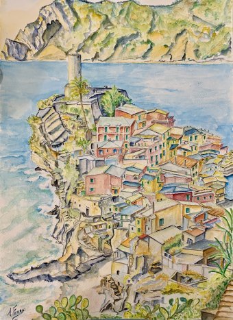 Painting "Blue Sea in Cinque Terre 2024" by painter Angelo Ferro watercolor paper at Jose Art Gallery