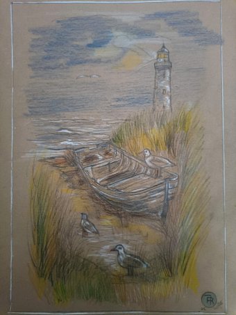 Drawing "Lonely Landing Gozzo Among the Dunes" by illustrator roberto ferrando pencil paper at Jose Art Gallery