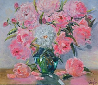Painting "Pink Peonies" by painter Gulshaba Abbasova oil canvas at Jose Art Gallery
