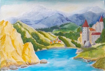 Malarstwo "Serene Mountain Lake Landscape", malarz Fa Ley akryl papier w Jose Art Gallery