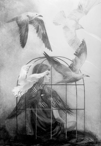 Drawing "In the Cage" by illustrator Lana Korolievskaia ink cardboard at Jose Art Gallery