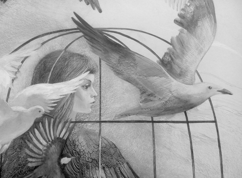 Additional view 3: Figurative Portrait Drawing In the Cage by illustrator Lana Korolievskaia ink cardboard 