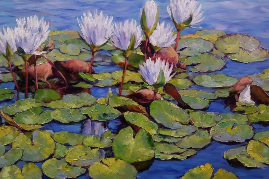Additional view 1: Impressionism Landscape Painting Water lilies by painter Olena i Gennady Vulysk oil canvas 