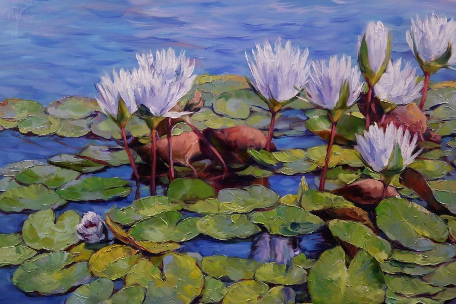 Additional view 3: Impressionism Landscape Painting Water lilies by painter Olena i Gennady Vulysk oil canvas 