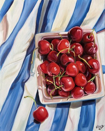 Painting "Sweet Cherry: A Taste of Summer and Happiness" by painter Viktoryia Lautsevich oil canvas at Jose Art Gallery