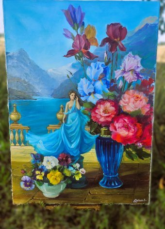 Painting "The Nymph and the Pansies" by painter Viktoriia Razbitska oil canvas at Jose Art Gallery