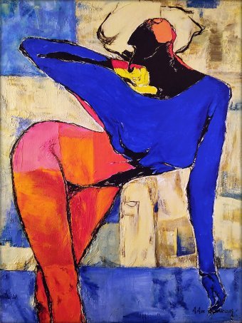 Painting "Scarlet Accent on Blue" by painter Alexander Aksyonov acrylic canvas at Jose Art Gallery