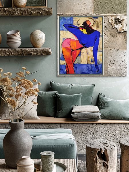 Additional view 1: Expressionism Interior Painting Scarlet Accent on Blue by painter Alexander Aksyonov acrylic canvas 