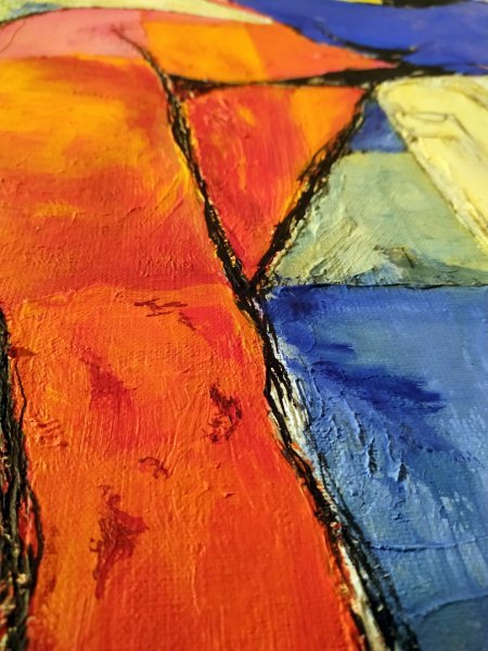 Additional view 3: Expressionism Interior Painting Scarlet Accent on Blue by painter Alexander Aksyonov acrylic canvas 