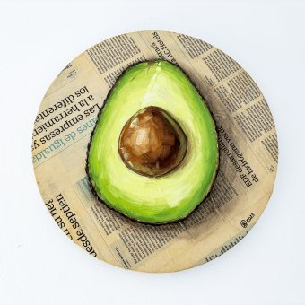 Pintura "Aguacate sobre papel de periódico: un contraste fresco", pintor Oksana Shevchenko óleo lienzo en Jose Art Gallery
