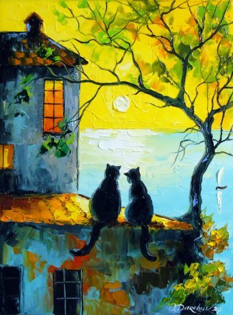 Des chats regardent le coucher du soleil ensemble
