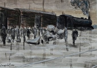 Graphique "Train vers l'Est", illustrateur Stanislav Bazylev pastel papier à la Jose Art Gallery