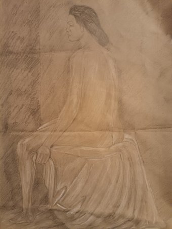 Drawing "The Model: Young Woman Posing" by illustrator roberto ferrando pencil paper at Jose Art Gallery