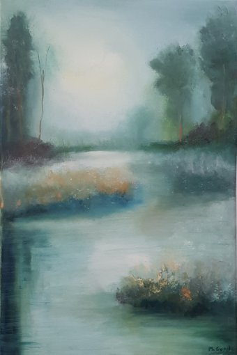 Painting "Water and Forest Landscape at Dawn" by painter Mercedes Gordo oil canvas at Jose Art Gallery