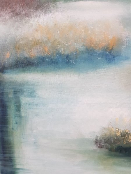 Additional view 1: Figurative Landscape Painting Water and Forest Landscape at Dawn by painter Mercedes Gordo oil canvas 