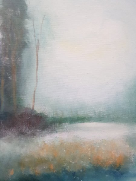 Additional view 3: Figurative Landscape Painting Water and Forest Landscape at Dawn by painter Mercedes Gordo oil canvas 
