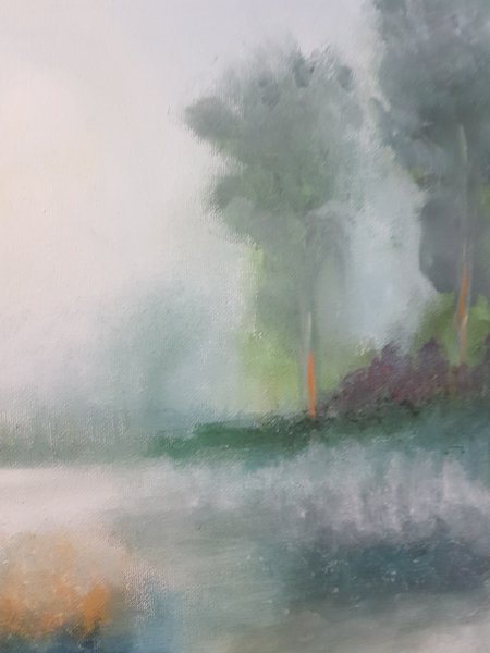 Additional view 4: Figurative Landscape Painting Water and Forest Landscape at Dawn by painter Mercedes Gordo oil canvas 